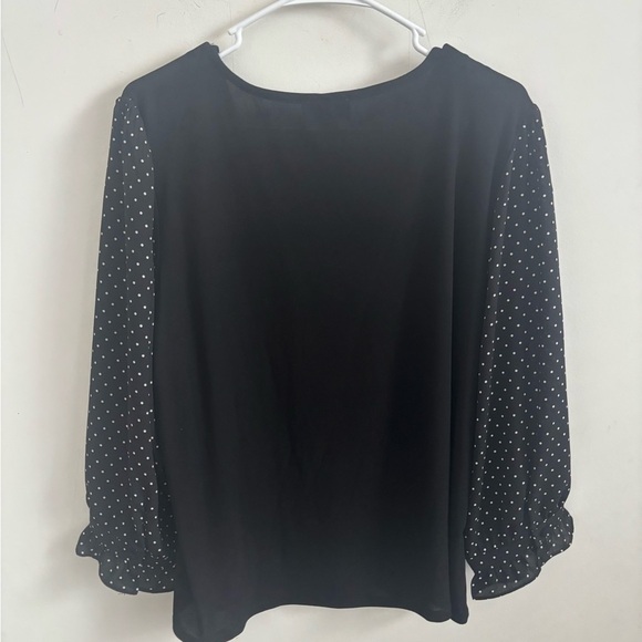 CeCe Blouse Womens Sz XL Mixed Media V-Neck Black With Polka Dot Sleeves Office - Picture 3 of 6